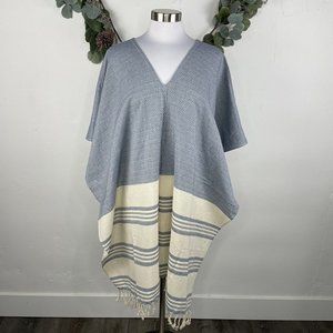 Tribe Alive Caftan CoverUp Poncho Size OS Nautical Vibe Blue Ivory Fringe NEW